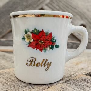 1982 Vintage Homer Laughlin "Betty"/Poinsettia Christmas/Holiday Gold Rim Mug-3"